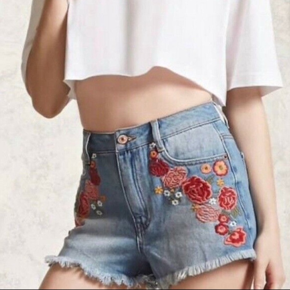 Forever 21 Embroidered Denim Shorts with Floral Design
